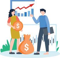Man talking to woman with coins. vector