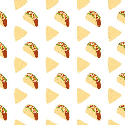 Triangular Tortilla chips Nacho and Taco Seamless pattern Traditional Mexican cuisine backdrop idea. Isolated illustration Wallpaper, wrapping, packing or web promo banner, leaflet, menu card