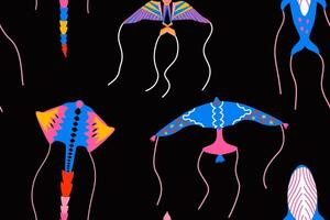Seamless groovy pattern with flying kites. Print of trendy retro illustration. background for textile, fabric, wrapping. vector
