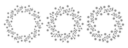 2026, 2027, 2028 Dates and snowflakes Circular Frame Border Set 3 New Year Copy space Template idea. Isolated illustration Thematic cards, poster, leaflets, price tag, label or web promo banner vector