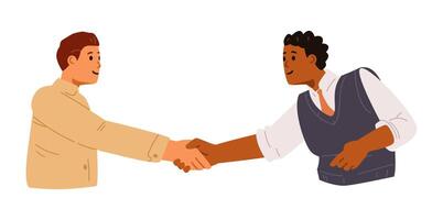 Two men of different ethnicity shaking hands flat illustration isolated on white. vector