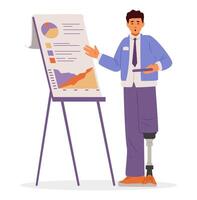 Man with leg prosthesis making business presentation flat illustration isolated on white. Inclusive office concept. vector