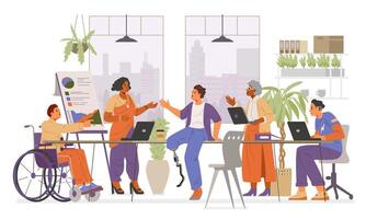 Diverse colleagues of different age, gender, ethnicity, with disabilities on a business meeting in the office flat illustration. Inclusive workplace concept. vector