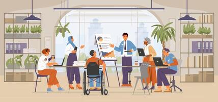 Diverse colleagues of different age, gender, ethnicity, with disabilities on a meeting in the open space office flat illustration. Inclusive workplace concept. vector
