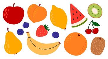 Set of different fruits and berries. Collection of organic vitamins and healthy nutrition. Banana, apple, orange, lemon, kiwi, peach, watermelon. Flat illustration isolated on white background vector