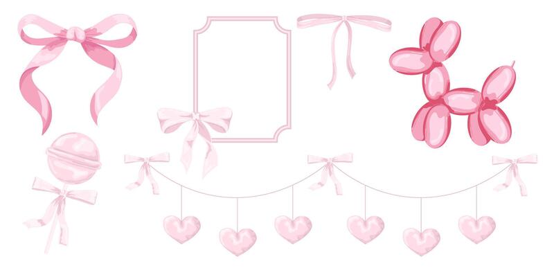 Illustration of pink girly vintage bow and frame set. Bow for hair decor flat. Ribbons isolated. Pink lollipop. Cute hairstyle elements collection