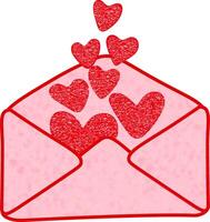 An illustration of an envelope with hearts flying out. The envelope is opened and the hearts, done in a textured style, rise up, creating a feeling of warmth and love. vector