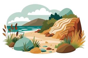 A serene beach scene with mountains and rocks. vector