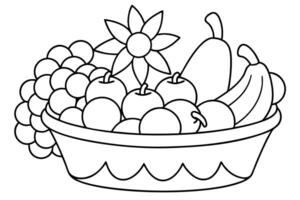 Black and white outline drawing of a fruit basket filled with various fruits. vector