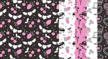Set of seamless doodle patterns for St Valentine Day. Hand drawn design with hearts, cherry, cake, glass and biscuits. vector