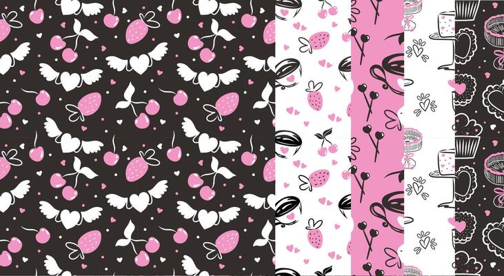 Set of seamless doodle patterns for St Valentine Day. Hand drawn design with hearts, cherry, cake, glass and biscuits.