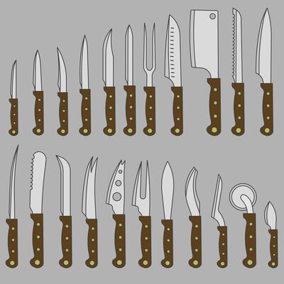 Set of colored kitchen knives illustration with dark outline. A set of various knives.