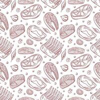 Seamless pattern with line art style meat cut and fish steak, vegetables and herb. Perfect for food design for packaging, restaurant menu and culinary project. vector