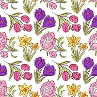 Seamless floral pattern with spring flower tulip, peony, daffodil, and crocus in flat style. Line art botanical design, fabric print and nature background. vector
