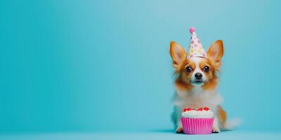 Adorable Dog with Party Hat and Cake on Blue Background, with Copy Space photo