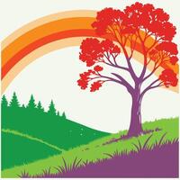 a tree and rainbow in the background vector
