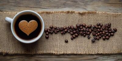 Coffee Cup with Heart-Shaped Surface and Beans on Burlap, Rustic Wooden Background photo