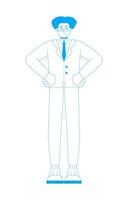 Confident hispanic man with glasses in formal suit 2D outline cartoon character. Businessman standing with hands on hips isolated person flat on white background. Spot illustration colorful vector