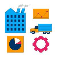 Industrial and logistics 2D cartoon objects set. Manufacturing, analytics. Factory, truck, pie chart, graph and gear isolated elements flat cliparts on white. Spot illustrations collection vector