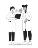 Female STEM scientists collaborating on research linear illustration. Two diverse women in lab coats discussing data on laptop 2D line characters isolated on white. Monochrome outline image vector