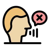 Man is saying no, stop talking or quiet please, crossed out speech bubble icon vector