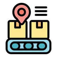 Packages moving on conveyor belt with location pin and delivery status, efficient logistics and shipping process vector