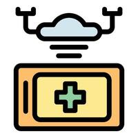 Drone delivering first aid kit via cloud computing, remote medical assistance vector