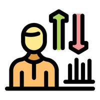 Trader analyzing stock market fluctuations with up and down arrows vector