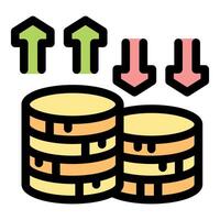 Stacks of coins representing increasing and decreasing value with up and down arrows vector