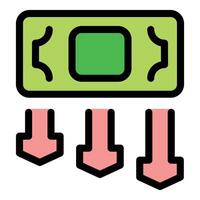 Money bill losing value with three downward arrows representing deflation vector