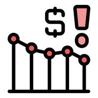 Dollar sign and exclamation point hovering over declining line graph vector