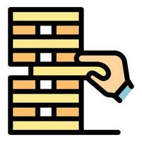 Hand carefully pulling block from jenga tower vector