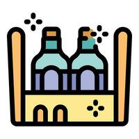 Two glass bottles inside wooden box with open cap sparkling vector