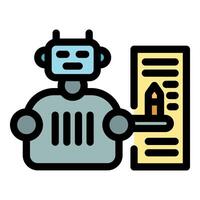 Robot writing code with pencil on paper, artificial intelligence programming concept vector