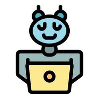 Smiling robot working on laptop, artificial intelligence and technology vector