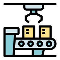 Robotic arm sorting boxes on conveyor belt vector