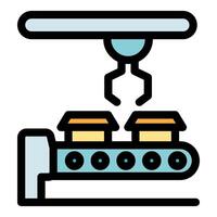Robotic arm sorting packages on conveyor belt vector