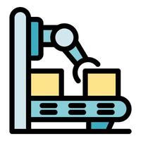 Robotic arm operating on conveyor belt system vector
