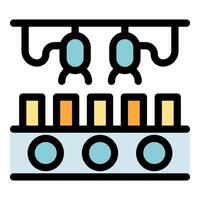 Robotic arms assembling products on conveyor belt vector