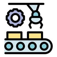 Robotic arm lifting boxes on conveyor belt in automated production line vector