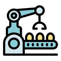 Robotic arm handling eggs on conveyor belt in food processing plant vector