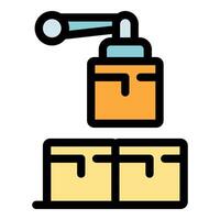 Robotic arm lifting parcel over stacked boxes in warehouse logistics automation vector