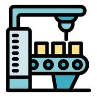 Robotic arm processing products on conveyor belt in factory automation vector