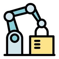 Robotic arm lifting box in automated warehouse management vector