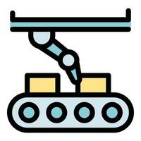 Robotic arm handling boxes on conveyor belt in automated production line vector
