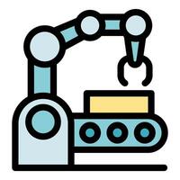 Robotic arm lifting block on conveyor belt in factory automation vector