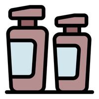 Two shampoo bottles balancing on shelf displaying blank labels for branding vector
