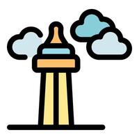 Iconic tower with clouds in minimalist illustration vector