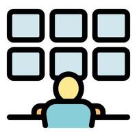 Person monitoring multiple screens in control room vector