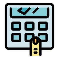 Finger pressing button on calculator with check mark displaying calculation result vector